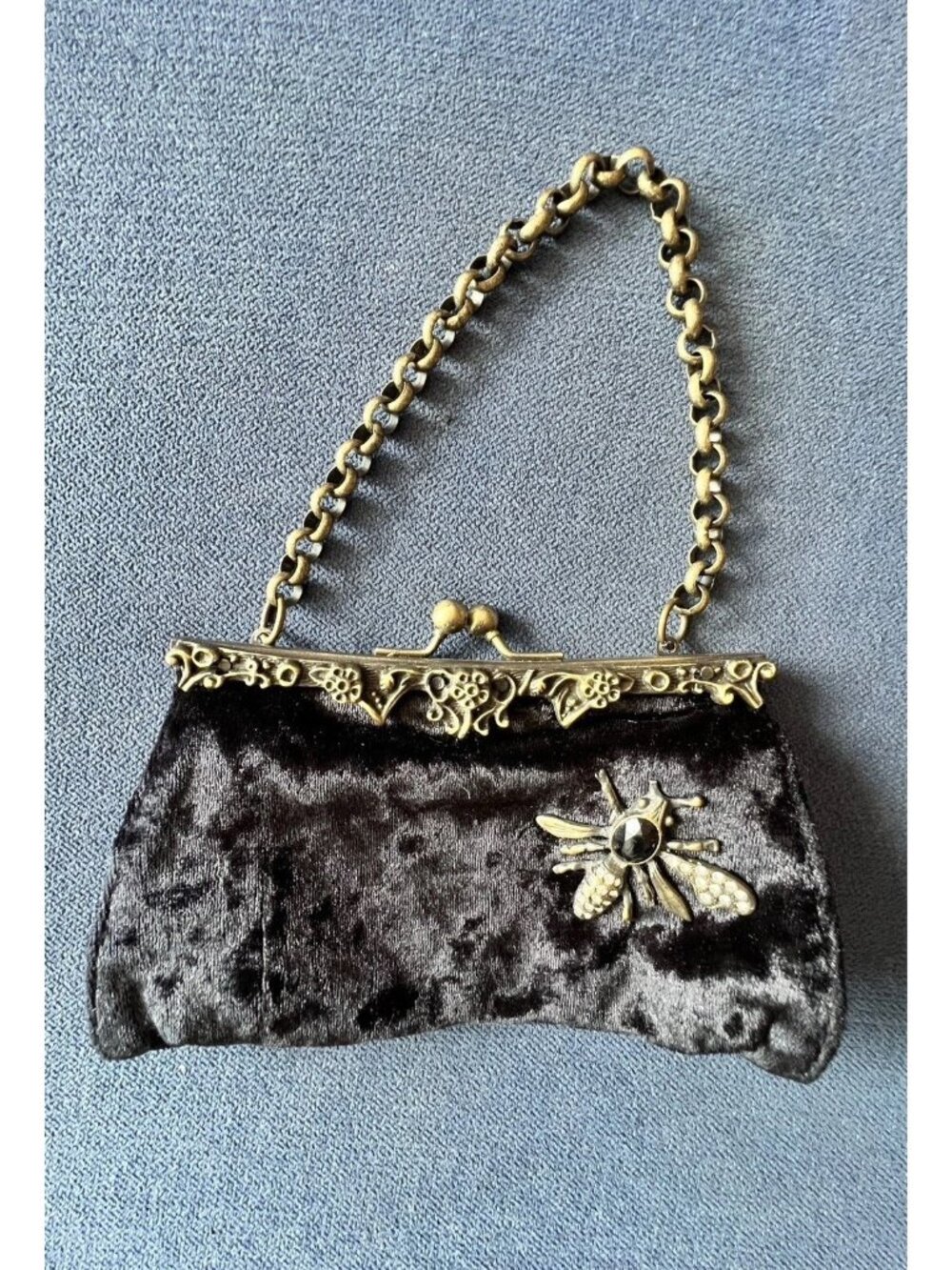 GUESS Black Velvet Bumble Bee Evening Bag Bronze Victorian Cocktail Wedding Gala